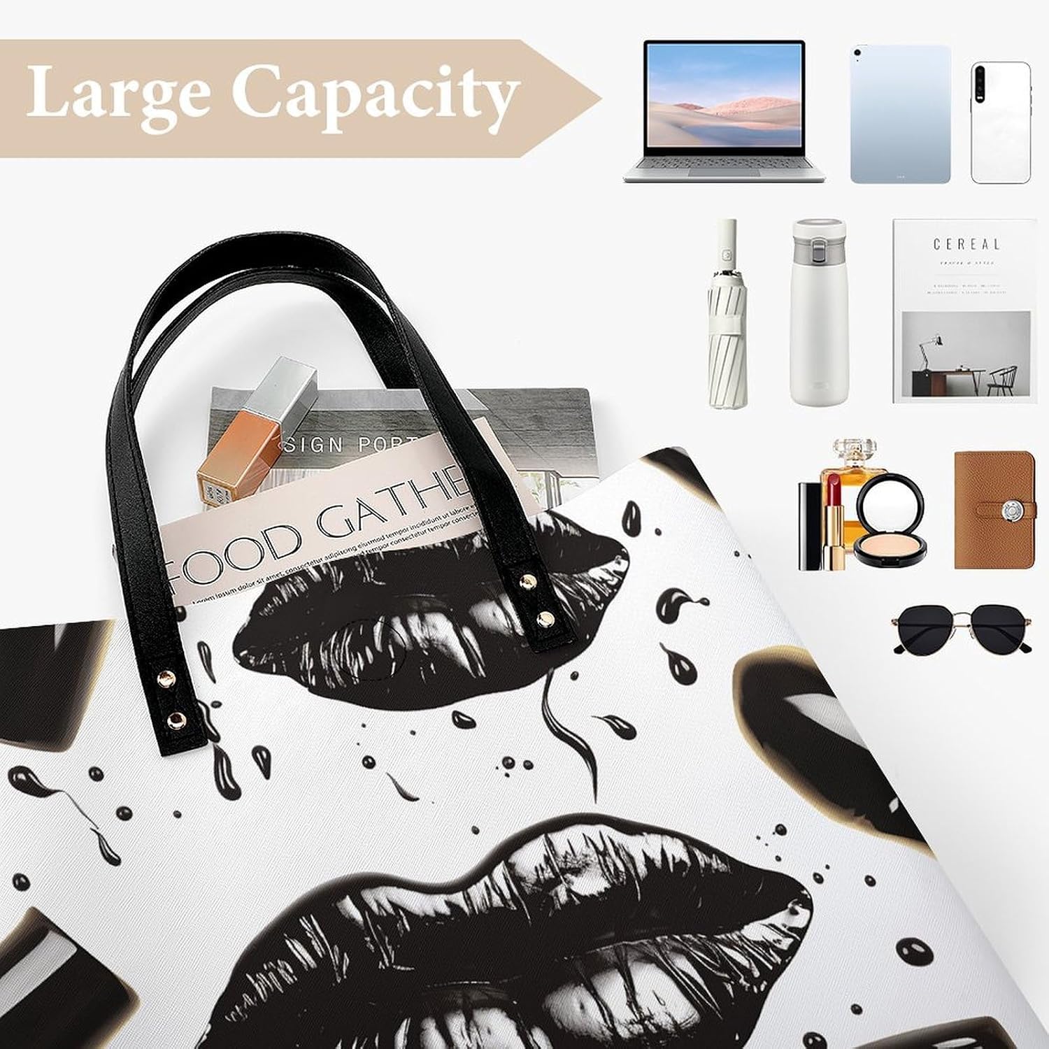 Cool Black Lipstick Lips Tote Bag with Magnetic Buckle Reusable Grocery Bags Lightweight Cross Body Handbag for Daily Essentials