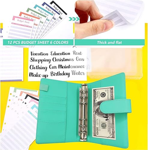 Miniatura 6 de Carpeta de piel sintética para planificar presupuestos A6 de 6 colores con sobres de efectivo con cremallera y hojas de presupuesto de gastos, libro