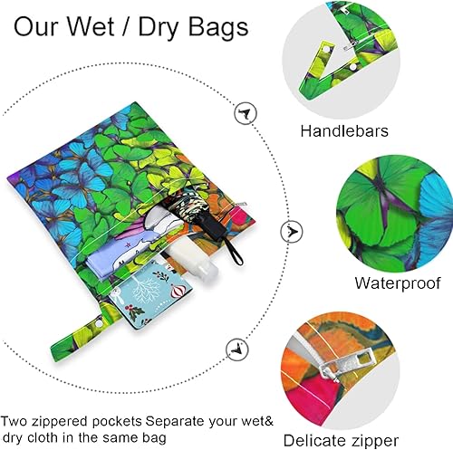 Miniatura 5 de visesunny 2 bolsas húmedas multicolor de mariposa con bolsillos con cremallera, lavable, reutilizable, espaciosa para viajes, playa, piscina,