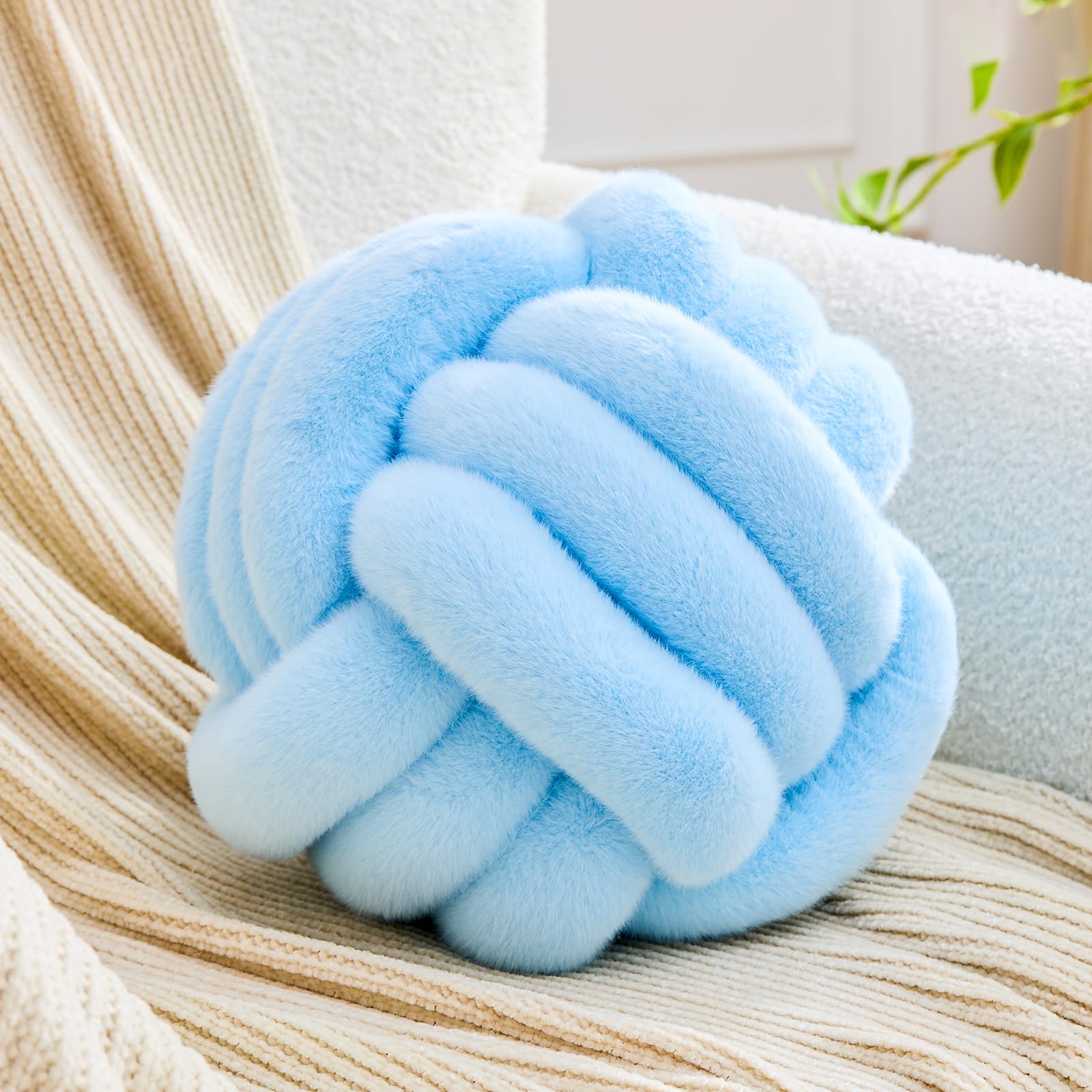 Uvvyui Knot Pillow Ball Home Decorative Pillows Round Throw Pillow with Faux Rabbit Fur Handmade Knotted Plush Pillow Aesthetic Room Decor Round Boucle Pillow Cushion (Blue, 8.6 Inch)