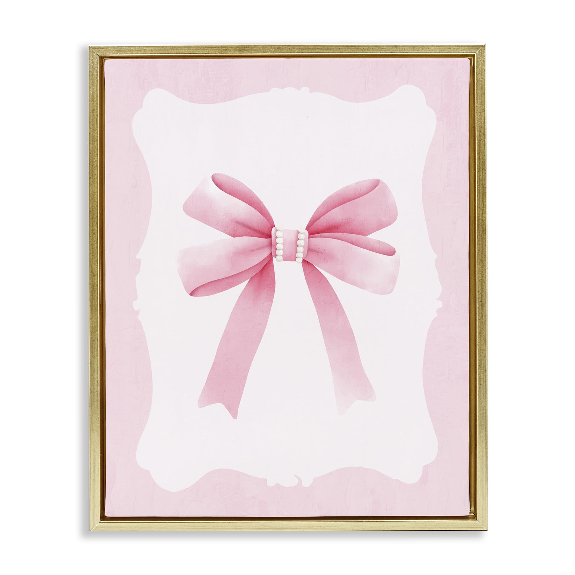 Stupell Industries Metallic Gold (Matte) 'Feminine Bow With Pearls', Floating Frame Canvas Art, Gold, 25 X 31 Inches, Easy To Hang And Sturdy, Made In Usa, By Kim Allen
