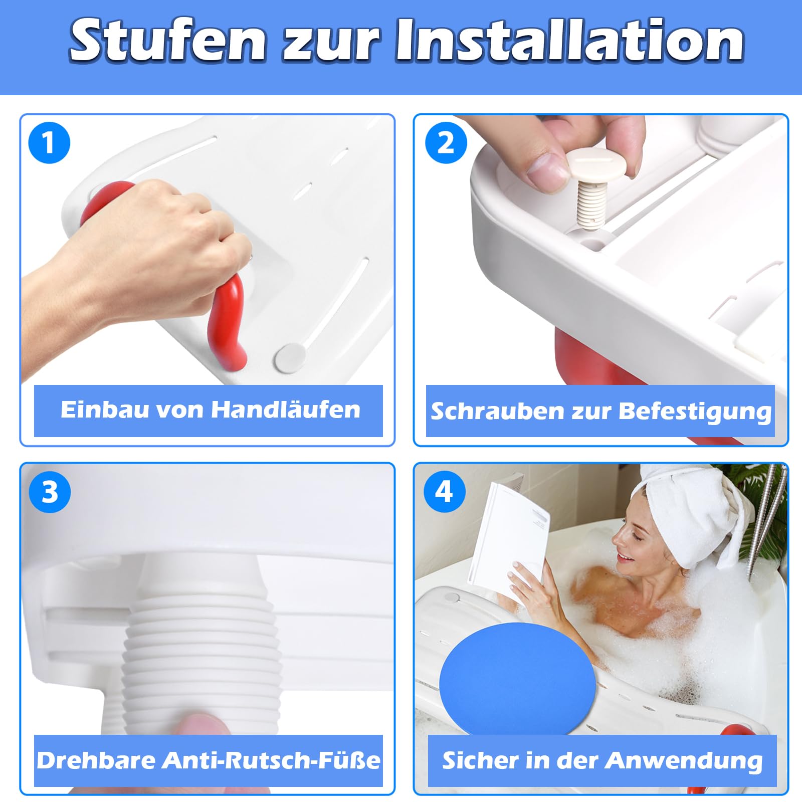 LZQ Badewannenbrett Badewannensitz Senioren mit 360º Drehscheibe, Rot Griff und Seifenablage, Einstellbar Wannensitz Sitzbrett für Badewanne für Erwachsene Tragkraft 150kg