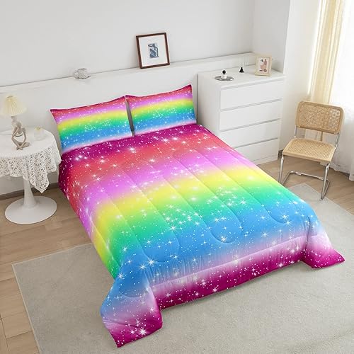Miniatura 3 de Erosebridal Juego de edredón de arco iris para niñas, juego de ropa de cama de teñido anudado con purpurina degradado para niños, adolescentes y