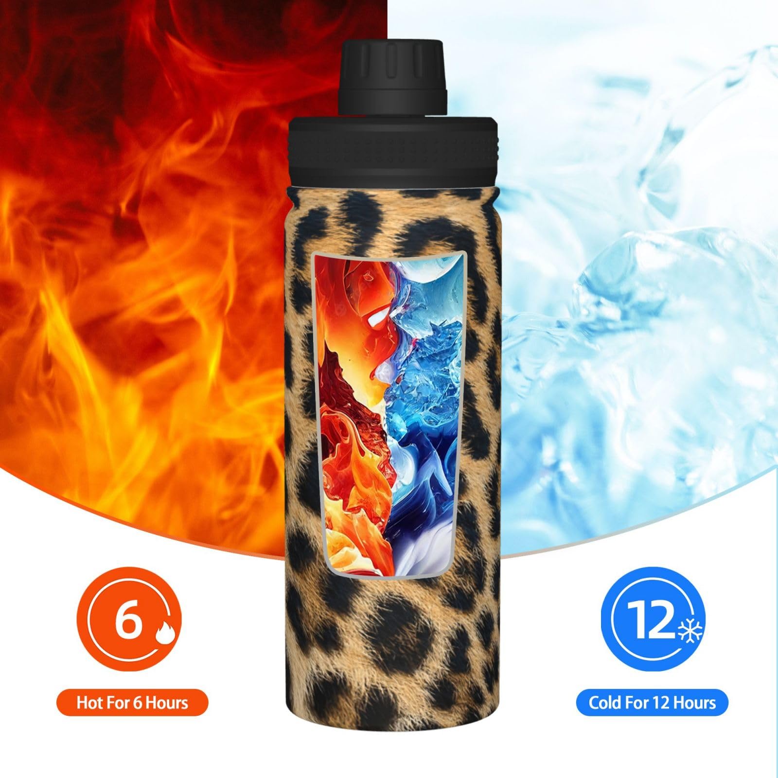 Borraccia termica in acciaio inox con stampa leopardata ruvida con manico, adatta per ciclismo, fitness