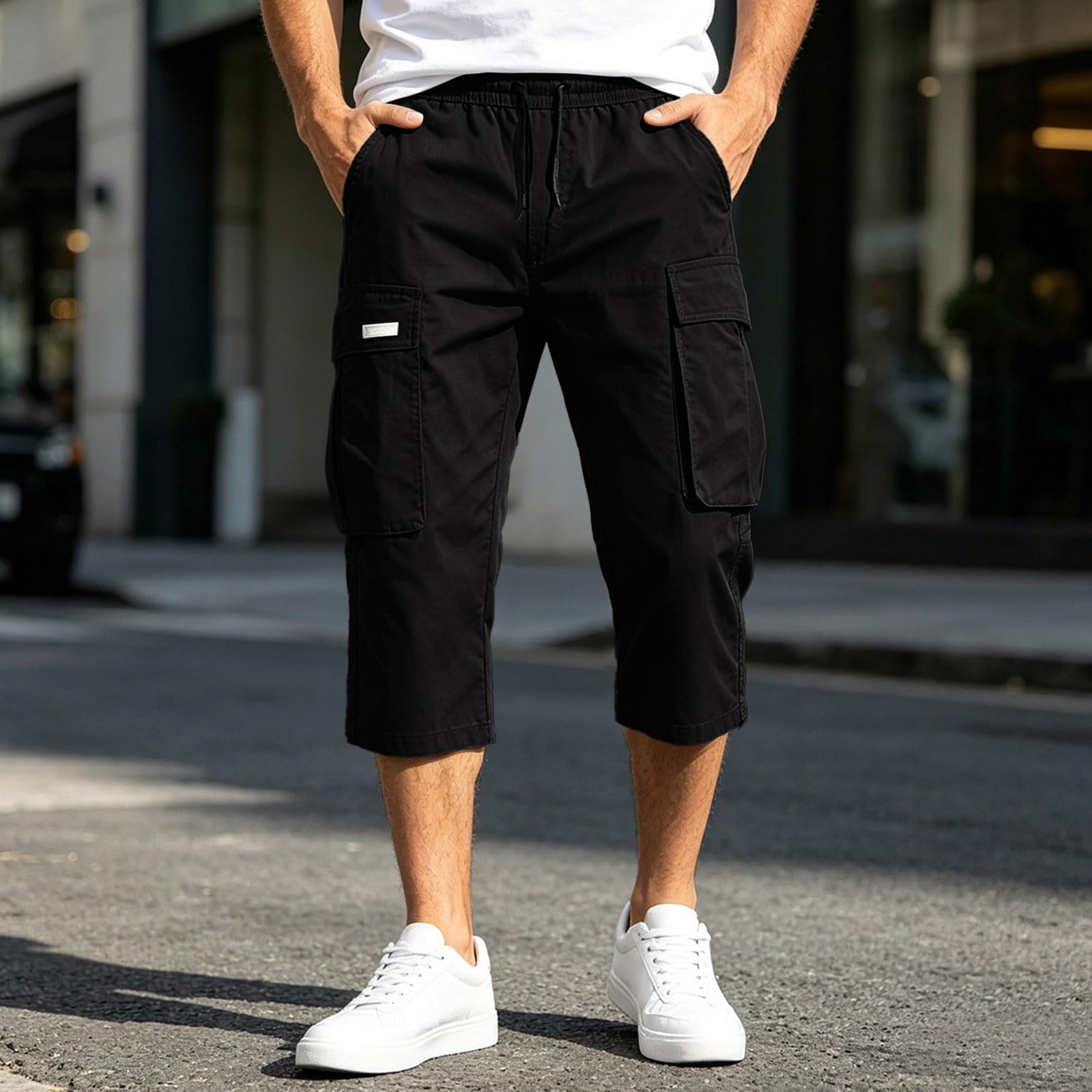 Herren 3/4 Cargo Shorts Stretch Sommer Dreiviertel Cargohose Arbeitshosen mit Mehreren Taschen,S-5XL