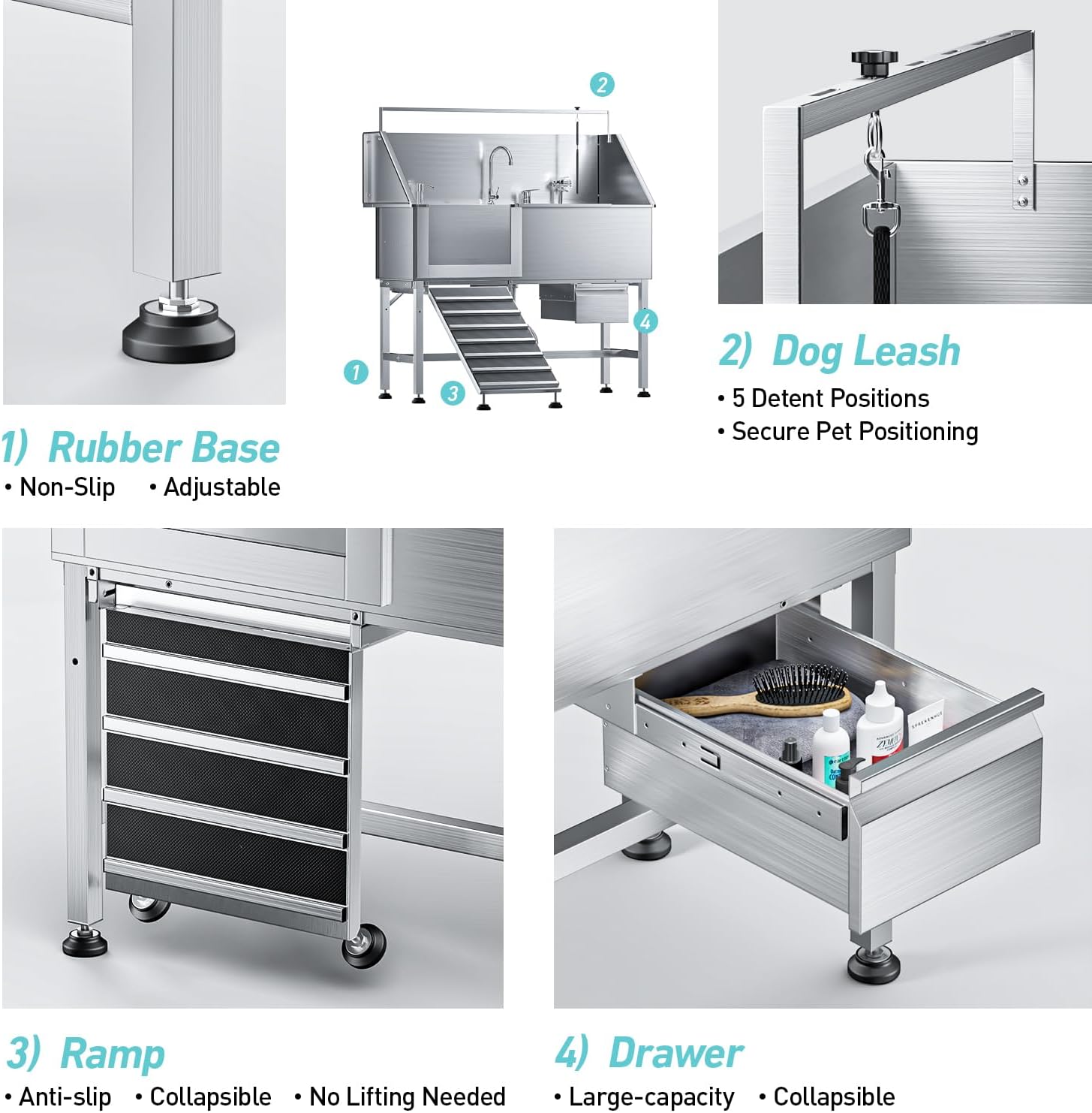 Dog Washing Station,56" Professional Stainless Steel Dog Bathing Station for Large Dog Height Adjustable Dog Wash Station for Home Dog Grooming Tub with Drawer, Floor Grate & Fauct (L-Ramp)