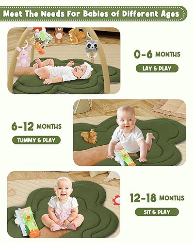 Miniatura 3 de Tapete de gimnasio para bebé, tapete con forma de árbol con 6 juguetes desmontables, tapete de juego grueso y afelpado para bebés de 0 a 6 meses,