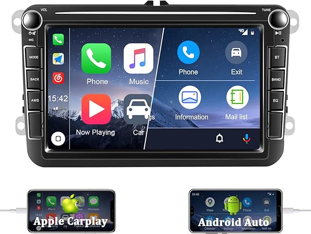 CAMECHO Double Din Apple Carplay for VW Golf Passat Stereo 8 Inch Touch Screen Bluetooth Car Stereo Support Mirror Link/USB/FM Radio/SWC/Reverse Camera for VW Golf Passat Touran Tiguan Seat