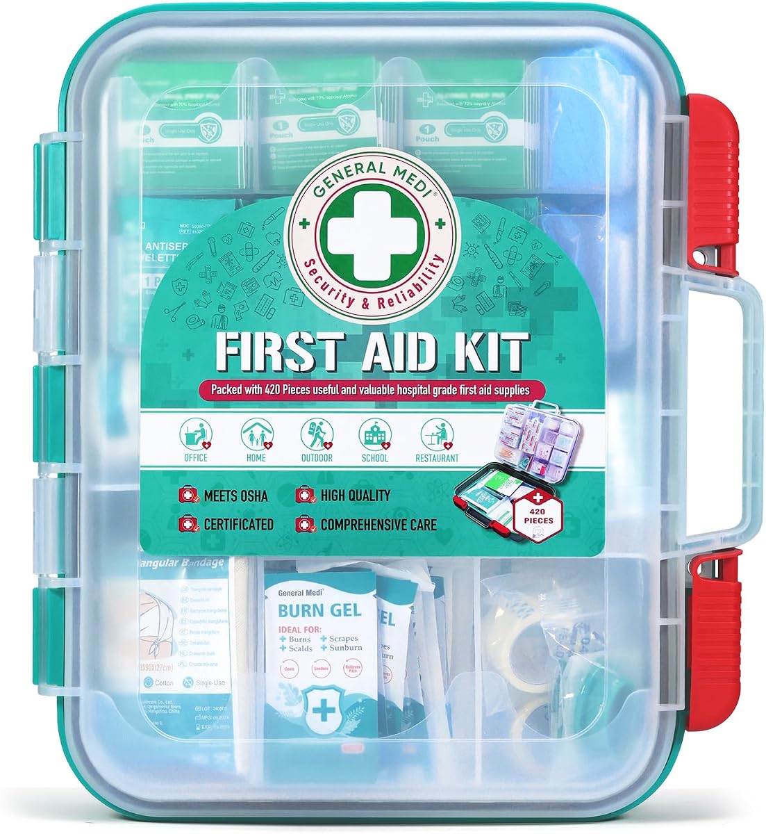 General Medi 420 Pieces Professional First Aid Kit - HardCase First Aid Box - Contains Premium Medical Supplies for Travel, Home, Office, Vehicle, Camping, Workplace & Outdoor