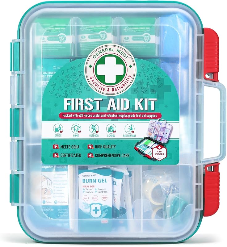 General Medi 420 Pieces Professional First Aid Kit - HardCase First Aid Box - Contains Premium Medical Supplies for Travel, Home, Office, Vehicle, Camping, Workplace & Outdoor