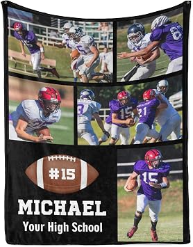 Personalized Football Blanket,Custom Football Player Lovers Fans Gifts,Custom Name Number Football Blanket with 5 Photos,Football 2026 Senior Night Gifts,Football for Boys Men