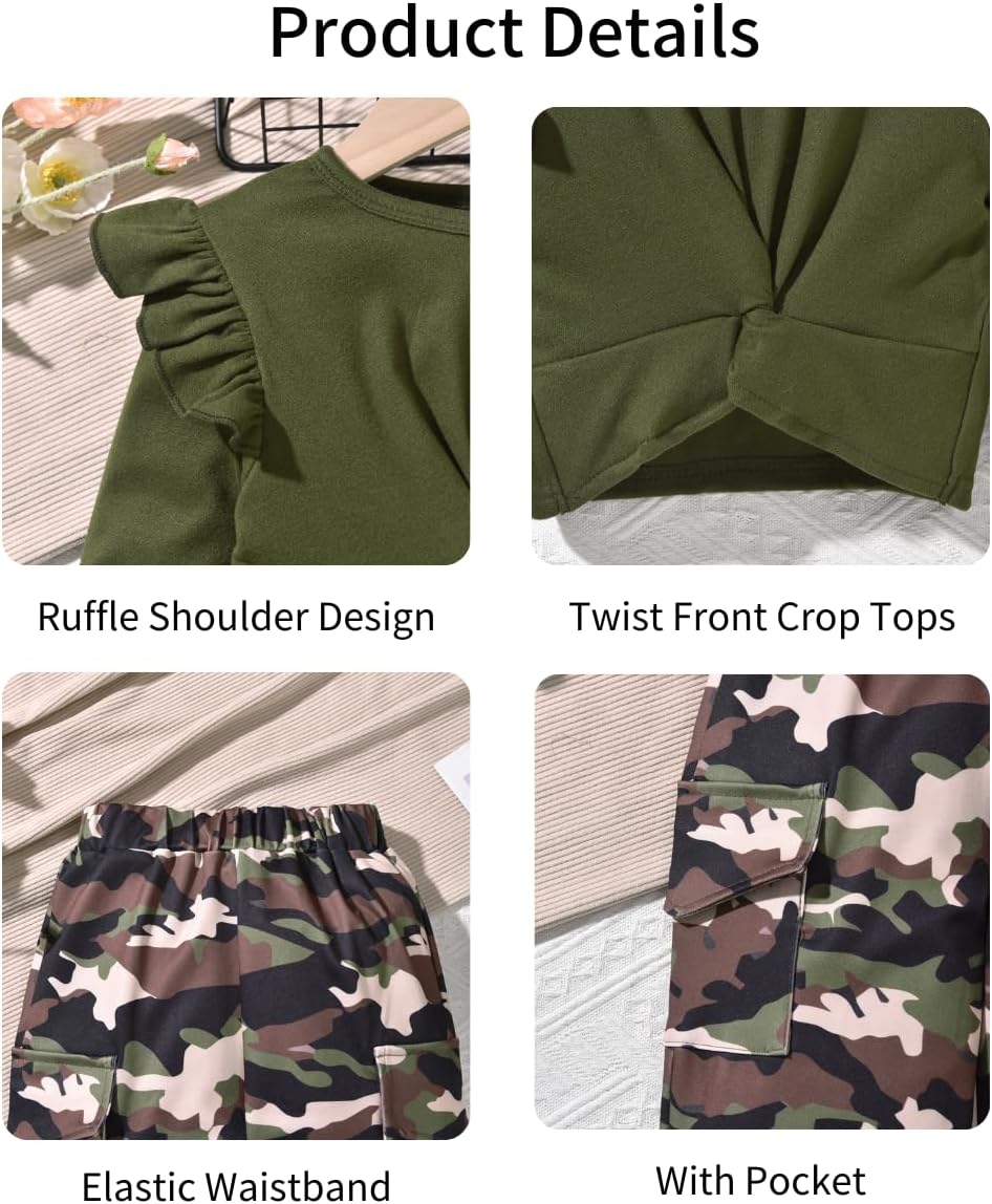 HIHA Toddler Girl 2 Piece Pant Set Long Sleeve Tops Twist Front Crop Top Shirt Cargo Pant Outfit