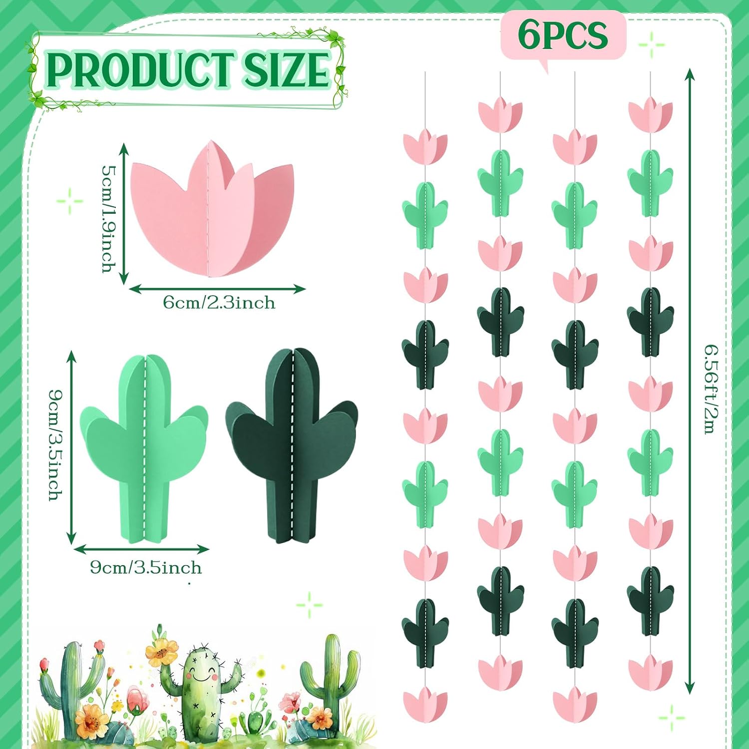 Funrous 6 Pcs Cactus Garlands Banner - 3D Cactus Party Decorations Fiesta Mexican Themed Paper Streamers Desert Plant Hanging Ornaments Backdrop for Summer Succulents Birthday Decor Supplies