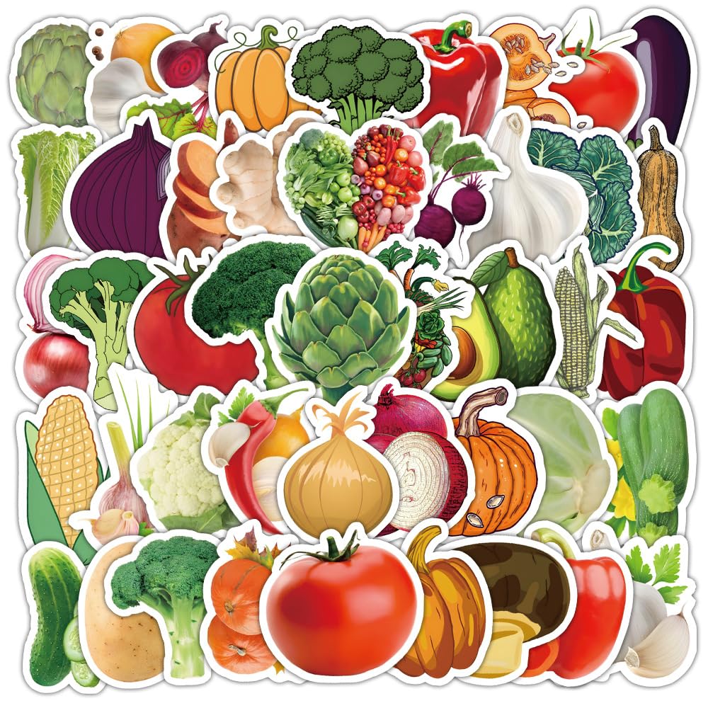 Vegetables Stickers 50PCS,Green Healthy Vegetable Waterproof Sticker for Adults Teens Girls Kids Decoration Luggage Guitar Skateboard Phone Computer Kitchen Water Bottles Laptop Scrapbook Car Cup