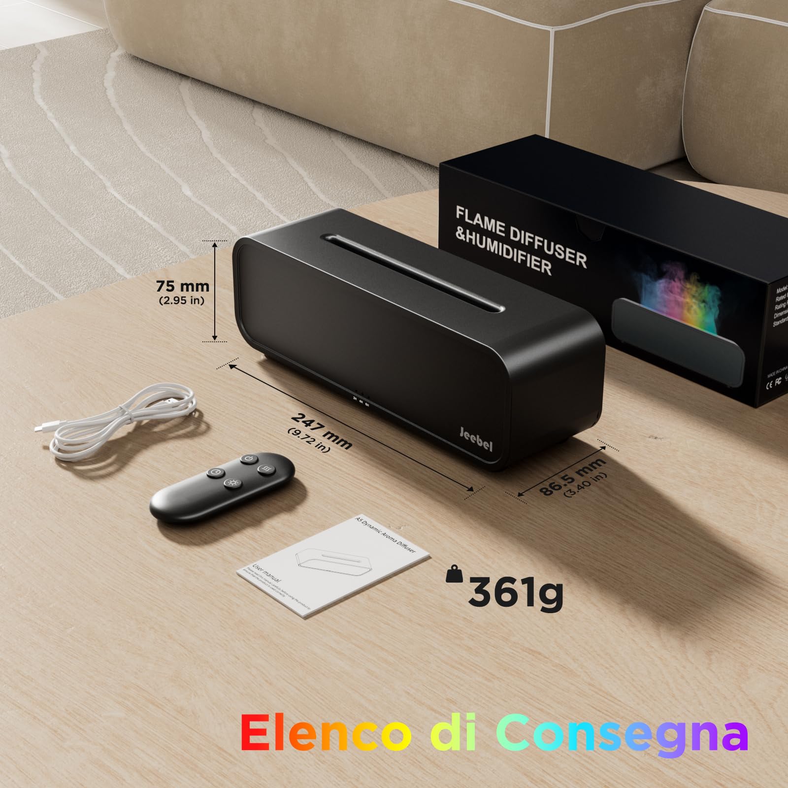 Jeebel Diffusore Aromi per Oli Essenziali, Diffusore con Rilevamento Ritmo/Variazione Fiamma RGB/Telecomando/7 modalità/Timer, 250ml Mini Umidificatore Portatile per Aromaterapia Camera Letto/Ufficio