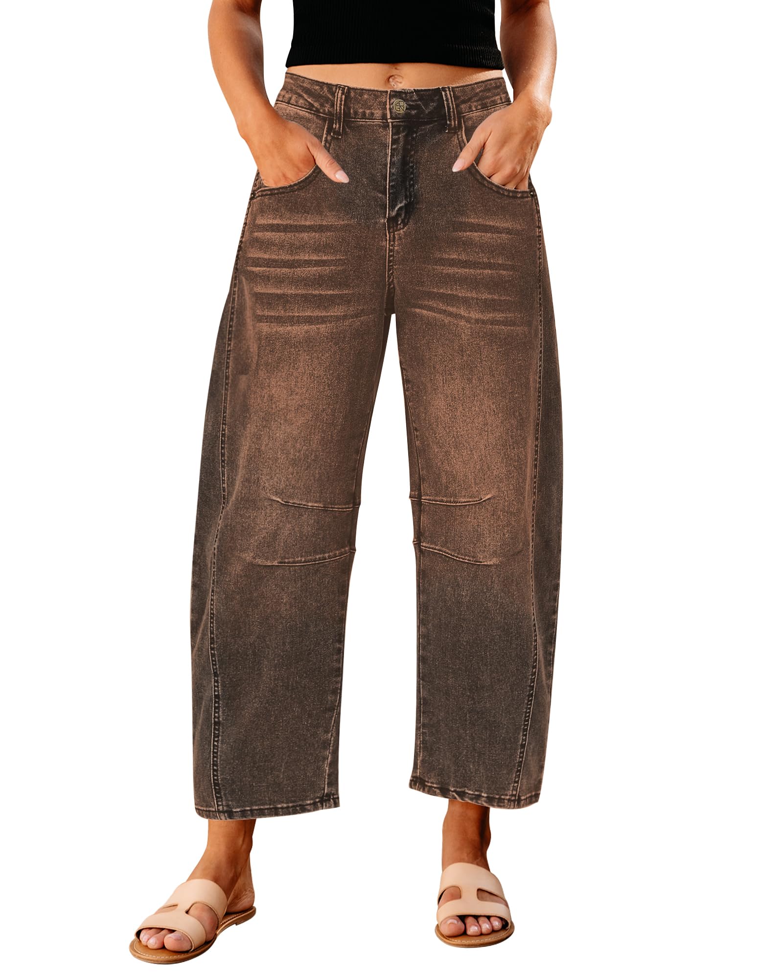 GRAPENT Barrel Jeans for Women High Waist Baggy Cropped Stretch Denim Pants | Barrel Leg Cut, High Rise, 26'' Inseam, Seam Details, Trendy Crop Jeans, Relaxed Fit, For Daily Wear, Dressy Casual Outfits