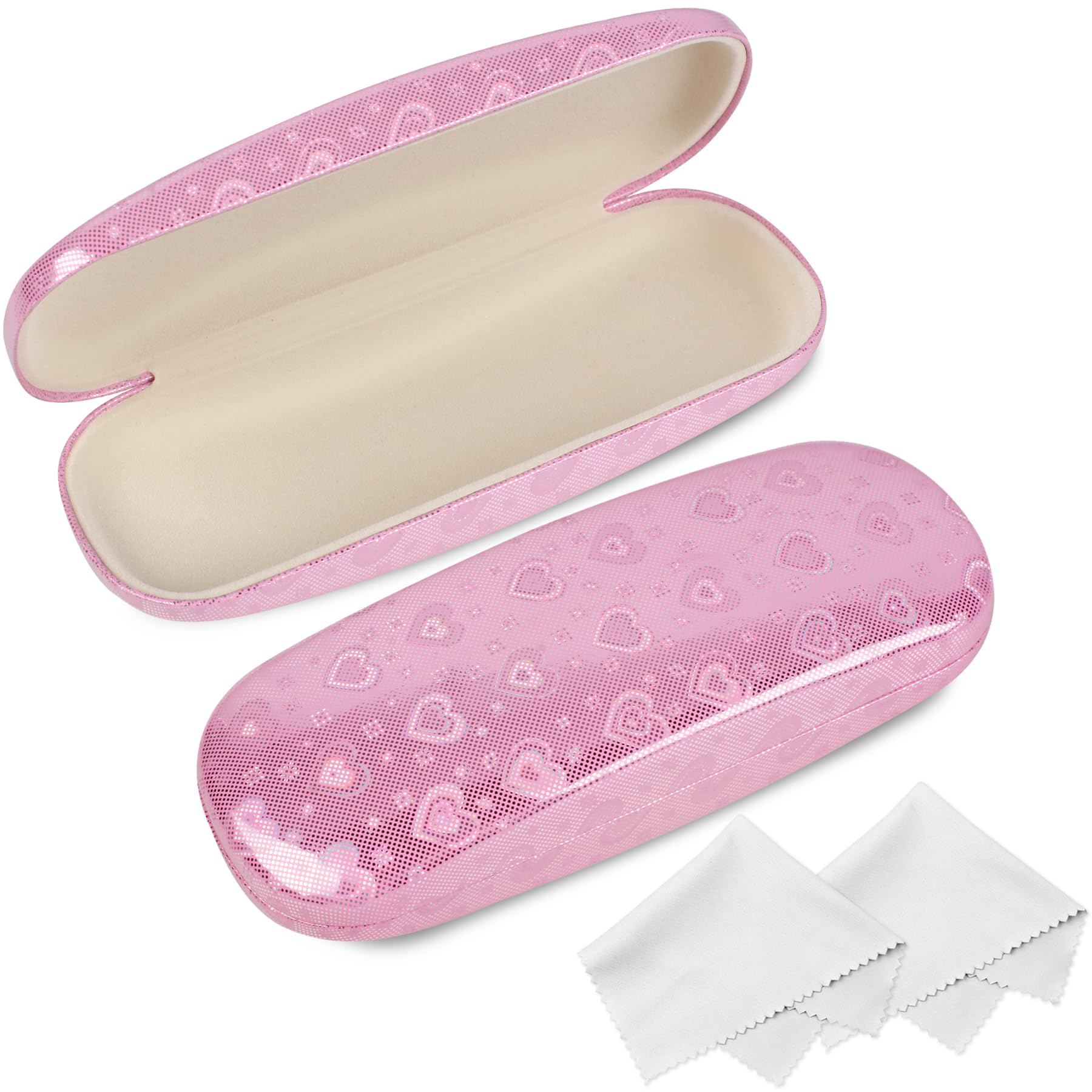 Joyberg 2 Pack Hard Shell Eyeglass Case, Love Pink, Fits Most Glasses, Includes 2 Cleaning Cloths