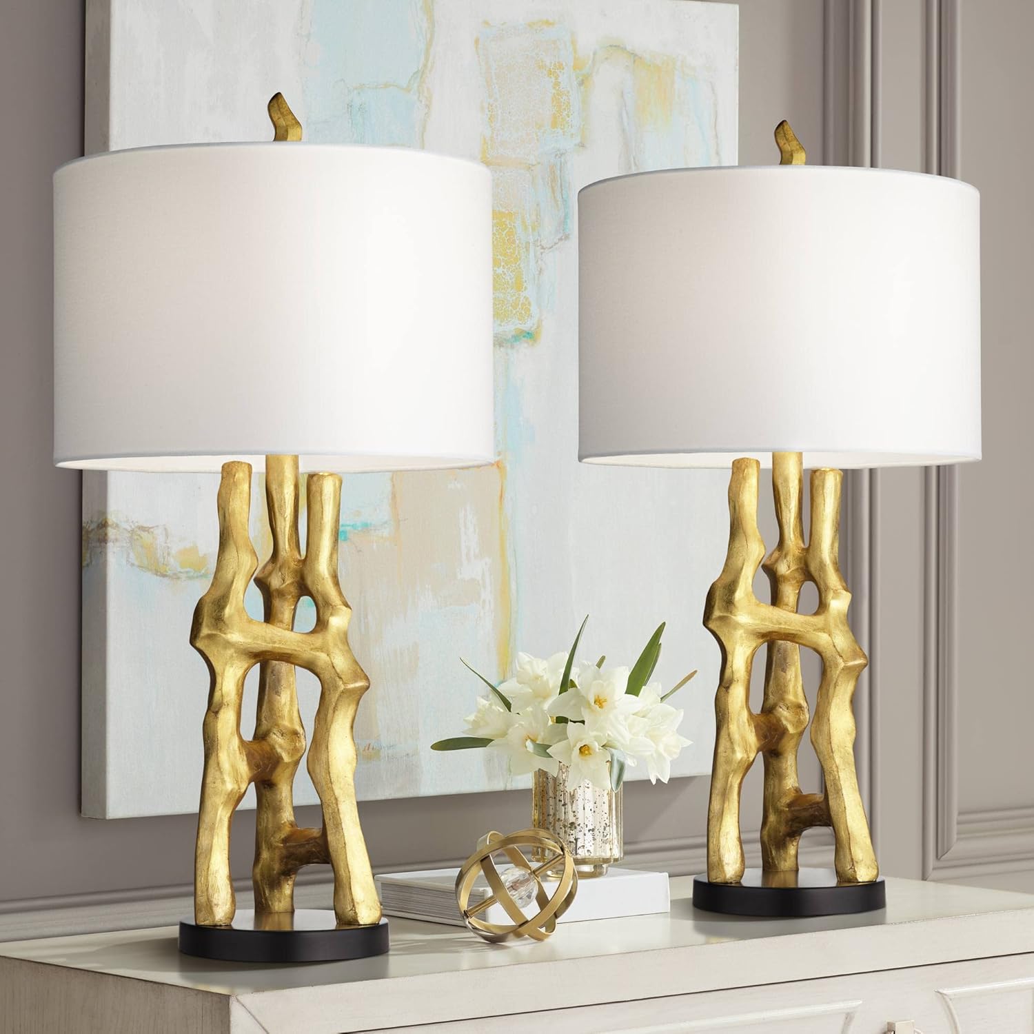 Possini Euro Design Organic Modern Table Lamps 29" Tall Set of 2 Sculptural Gold Bamboo Sculpture White Fabric Drum Shade Decor for Bedroom Living Family Room Bedside Nightstand House Home Office