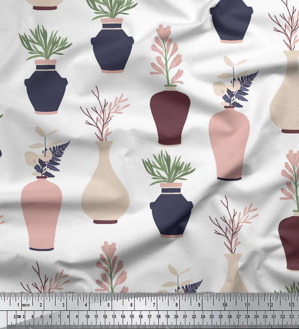 Soimoi White Moss Georgette Fabric Willow Branches & Vase Home Decor Decor Fabric Printed metre 42 Inch Wide