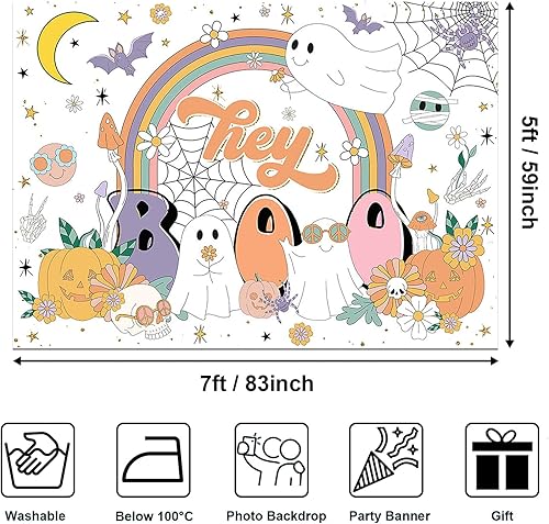 Miniatura 4 de Avezano Hey Boo - Telón de fondo retro Groovy Rainbow para Halloween, baby shower, decoración de fiesta de baby shower, mesa de postre (7 x 5 pies,