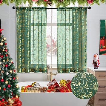XTMYI Green Kitchen Curtains for Windows Over Sink,Christmas Short Curtains for Living Room,Sets of 2 Panels,45 Inch Length