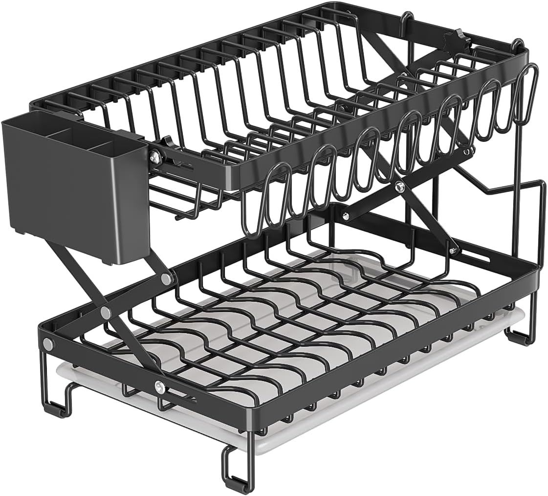 Dish Drying Rack for Kitchen Counter, Large Collapsible 2-Tier Dish Rack with Fixed Cup Holders, Removable Utensil Holders and Cutting Board Racks, Black