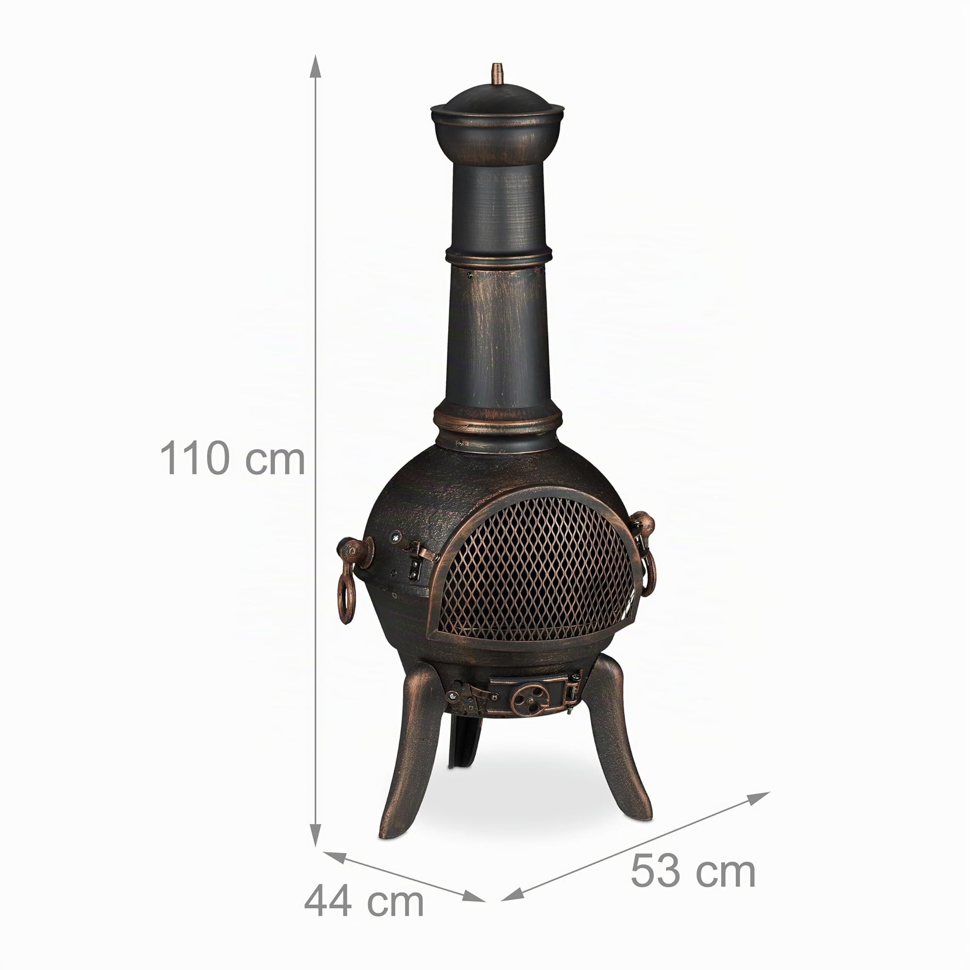 Relaxdays Chimenea Exterior Grande, Salvachispas, Atizador, Rejilla Leña, Tiro con Tapa, Hierro Fundido, Acero, Bronce