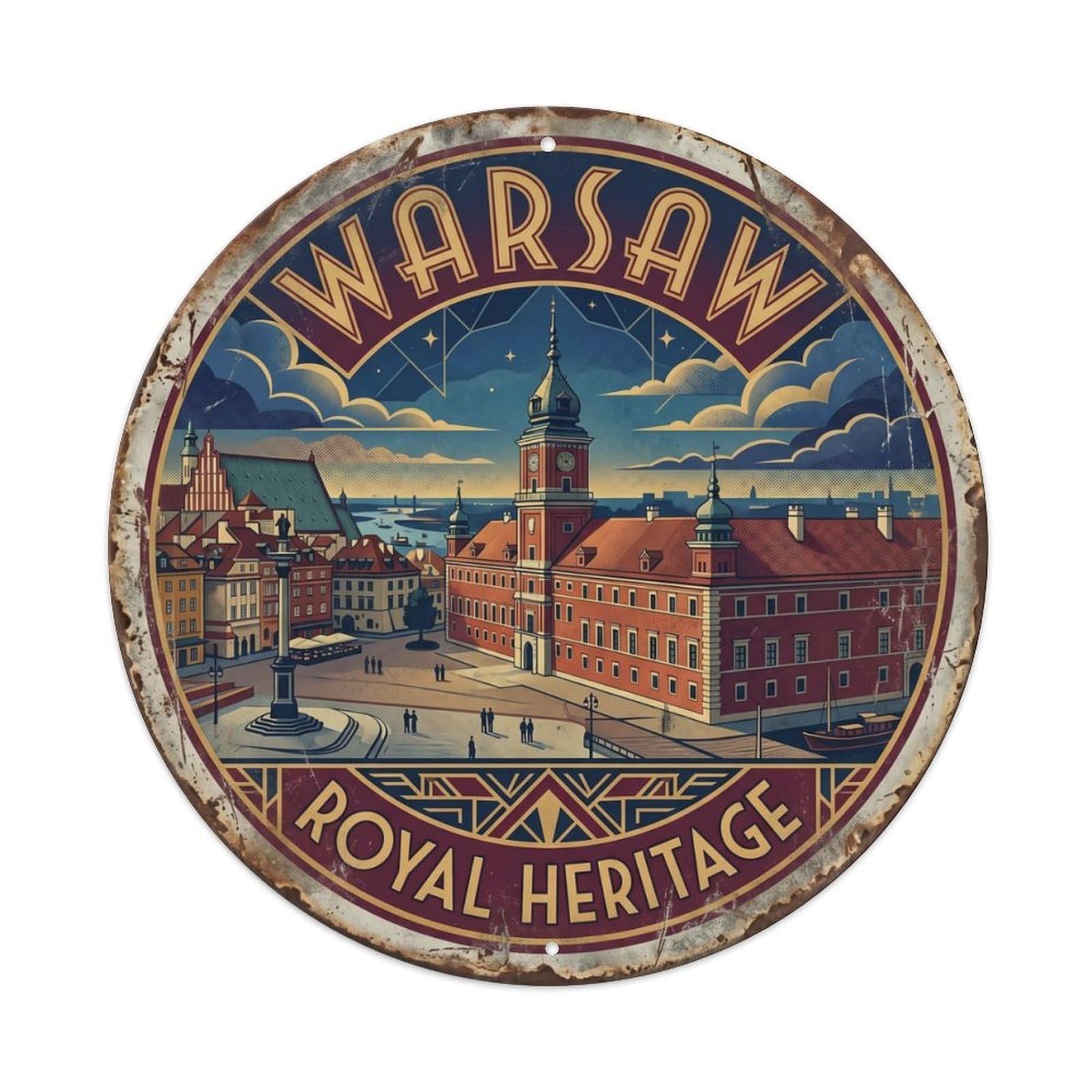 Vintage Travel Warsaw Castle Poland Metal Tin Sign Plaque Wall Decor for Cafe, Club Bar, Office, Home Garden Round Metal Poster 8x8Inch