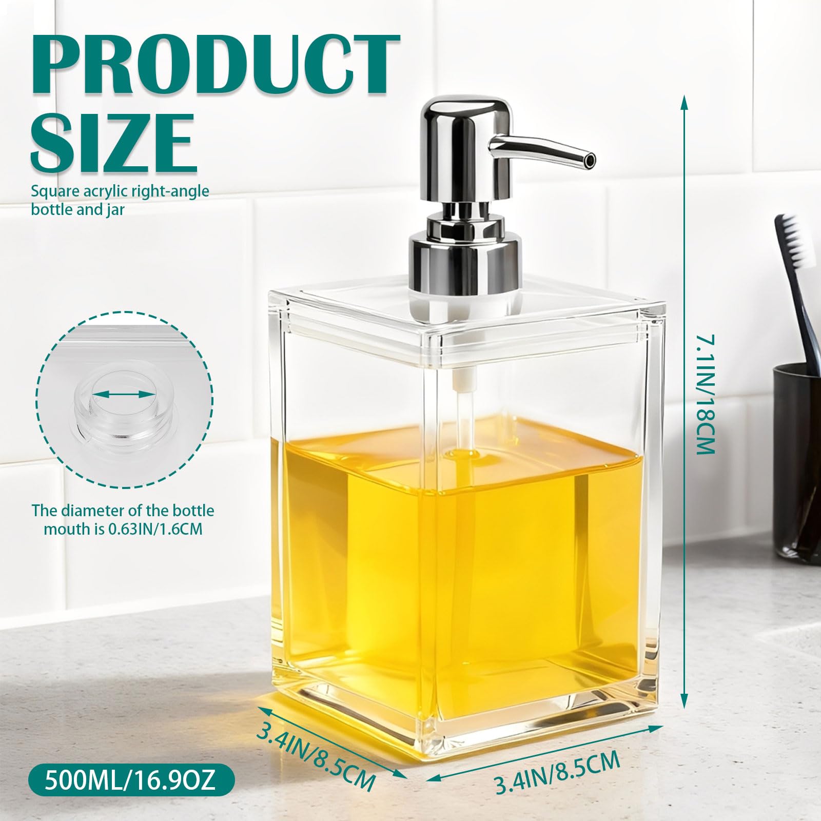 Dispensador de jabón acrílico transparente, dispensador de jabón de manos grueso moderno de 500 ml para baño, plato de cocina, botella de bomba de líquido para enjuague bucal, loción y champú