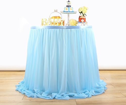 Miniatura 3 de Faldas de mesa de gasa azul bebé para mesas rectangulares de 6 pies o mesas redondas, sin arrugas, falda de mesa azul bebé, fiesta de cumpleaños,