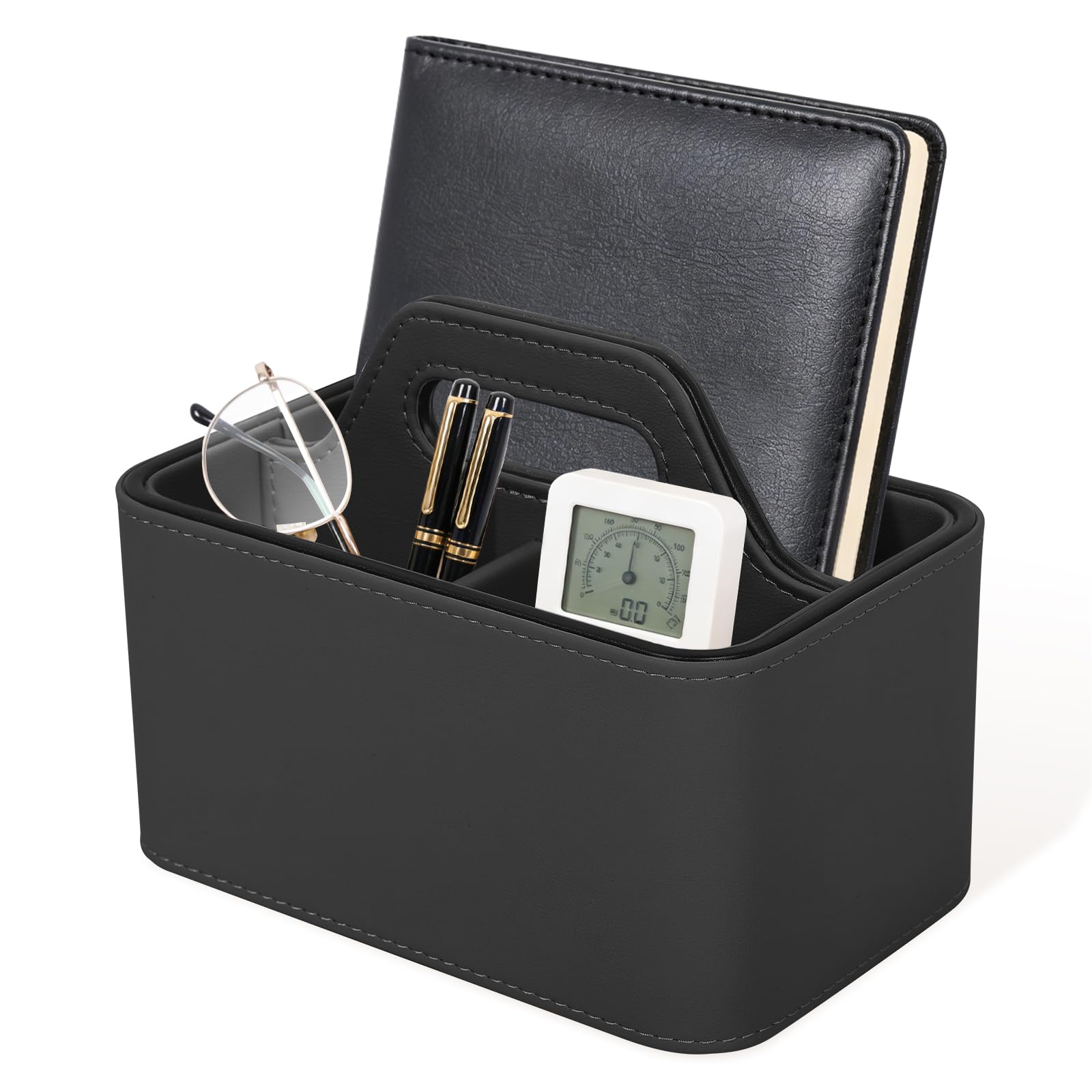 Guijzsltrg Black Leather Remote Control Holder With Handle Desk Caddy Organizer Portable Makeup Storage Box For Home Decoration Cosmetic Accessories E-Reader Keys Eyeglasses Pen Stationery(Black)