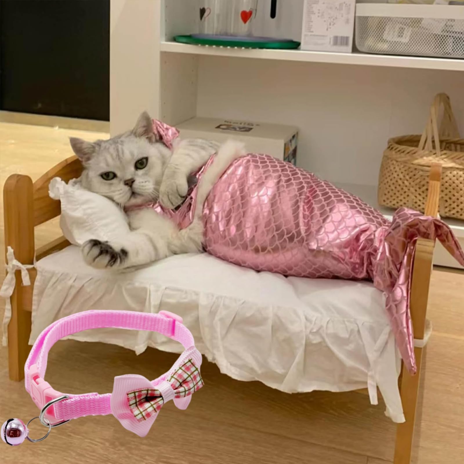 Disfraz de sirena para gato, traje de sirena para gato, ropa de cola de pez de sirena, disfraz de sirena para un perro o gato pequeño, accesorio creativo para fotos (rosa, M)