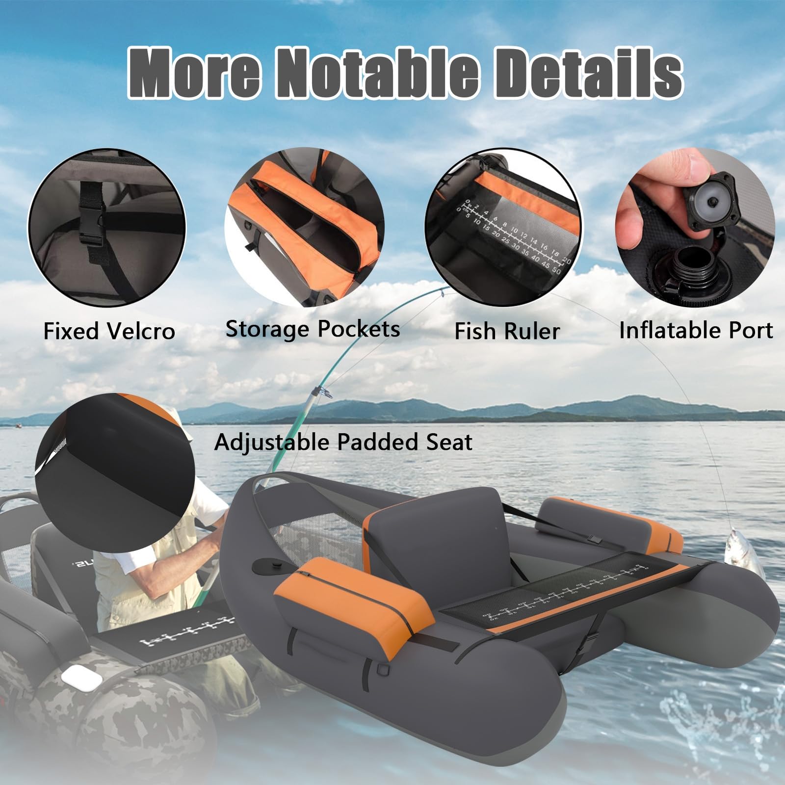 KOMFOTTEU Belly Boat, barca da pesca gonfiabile, 136 x 105 x 53 cm, con schienale regolabile e tasche, gonfiabile, barca a remi fino a 160 kg
