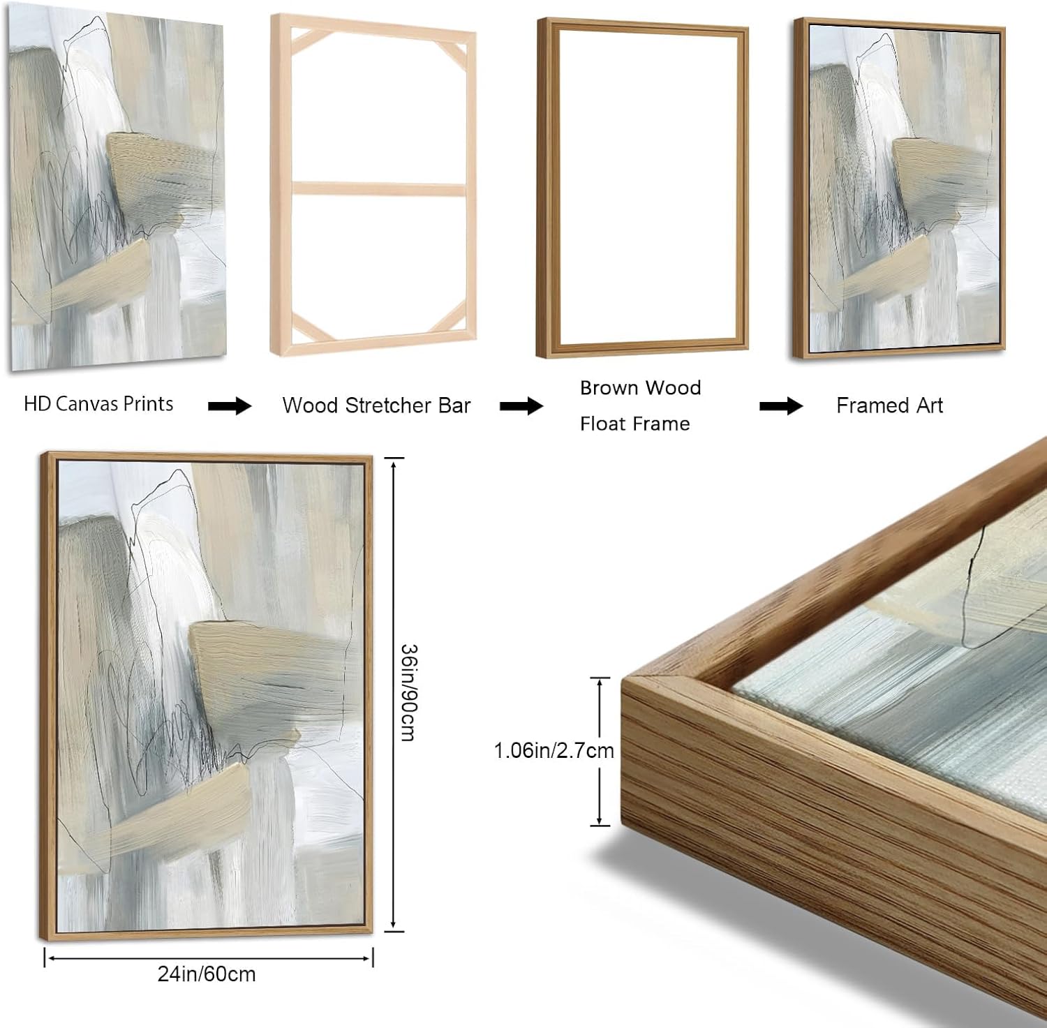 Large Framed Abstract Wall Art for Living Room Decor, Beige, 24X36inX3pcs, Neutral Abstract Painting Artwork Wall Picture, Modern Wabi-sabi Canvas Art Prints for Bedroom Bathroom Office Home
