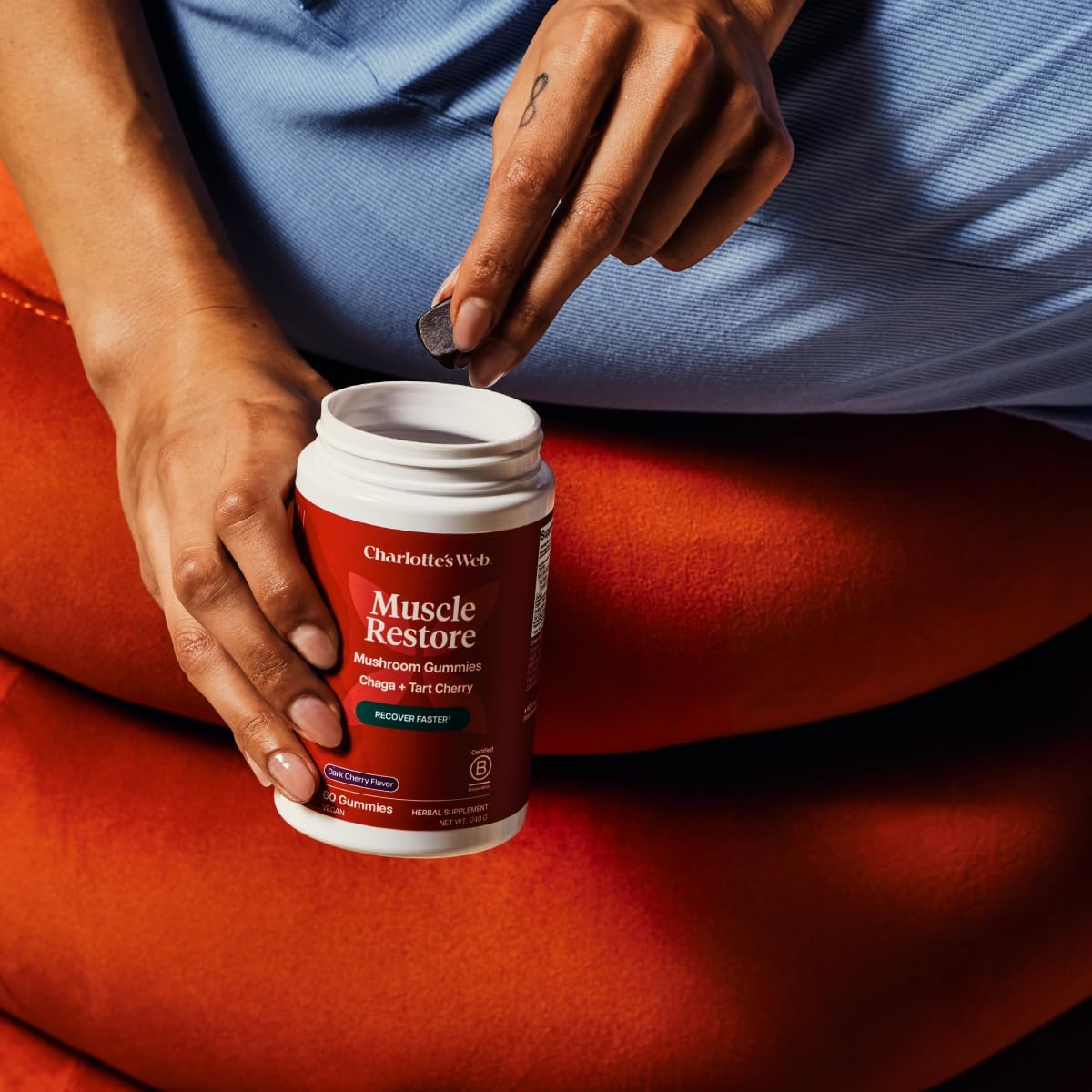 Charlotte's Web Muscle Restore Mushroom Gummies for Adults — Chaga & Tart Cherry Supplement for Muscle Recovery and Fatigue — Vegan, Kosher, Non-GMO (Dark Cherry Flavor, 30 Servings)