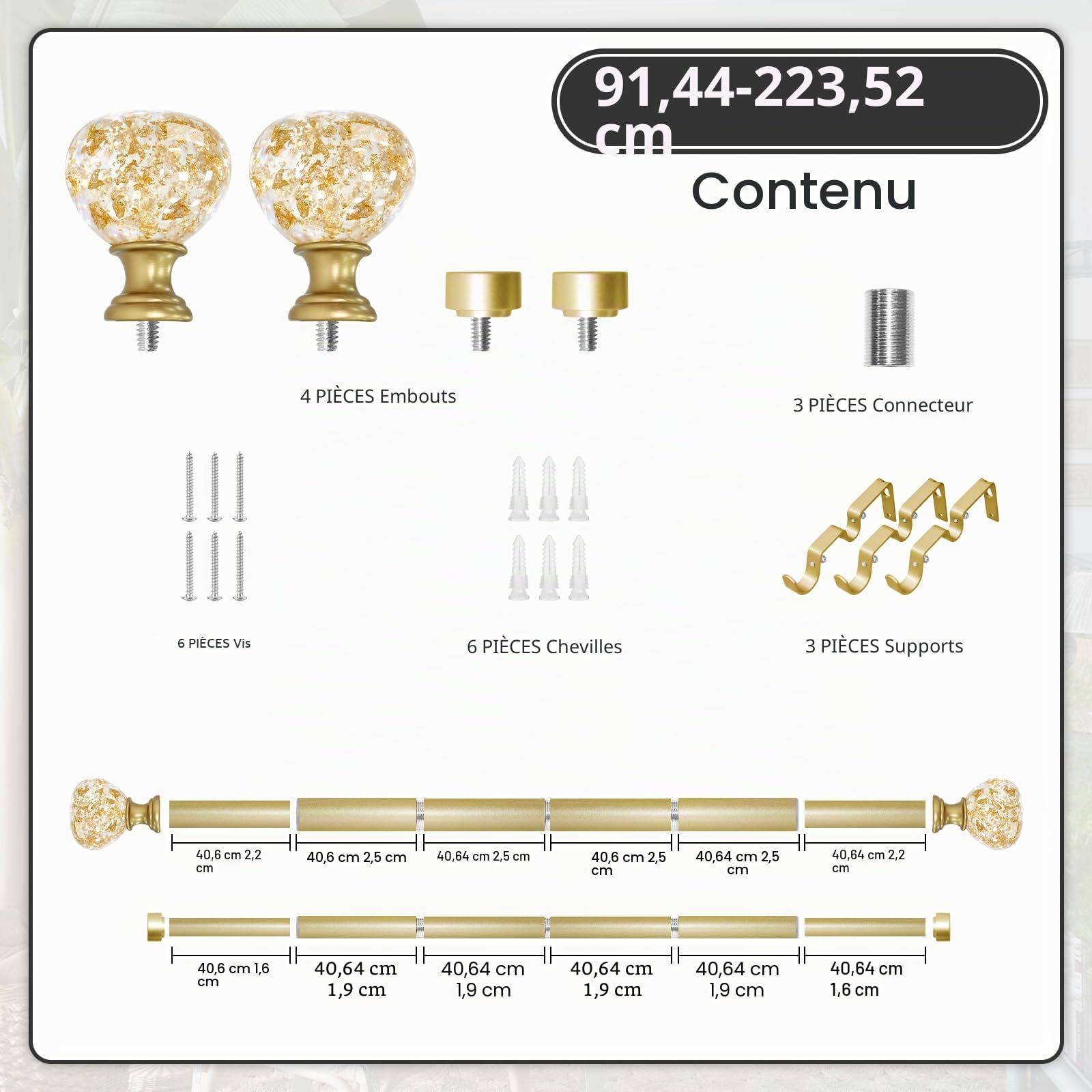 Tringle à rideaux double dorée pour fenêtres de 122 à 213 cm : double tringle à rideaux réglable et robuste de 122 à 213 cm – Embouts en résine dorée et double tringle à rideaux