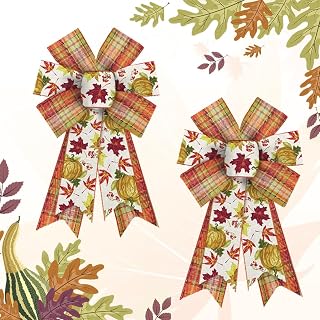 Hying 2 Pieces Happy Fall Bows for Wreath, Thanksgiving Wreath Bows Orange Burlap Bow Autumn Harvest Pumpkins Leaves Craft Bow Holiday Farmhouse Bows for Front Door Wall Fall Thanksgiving Decorations