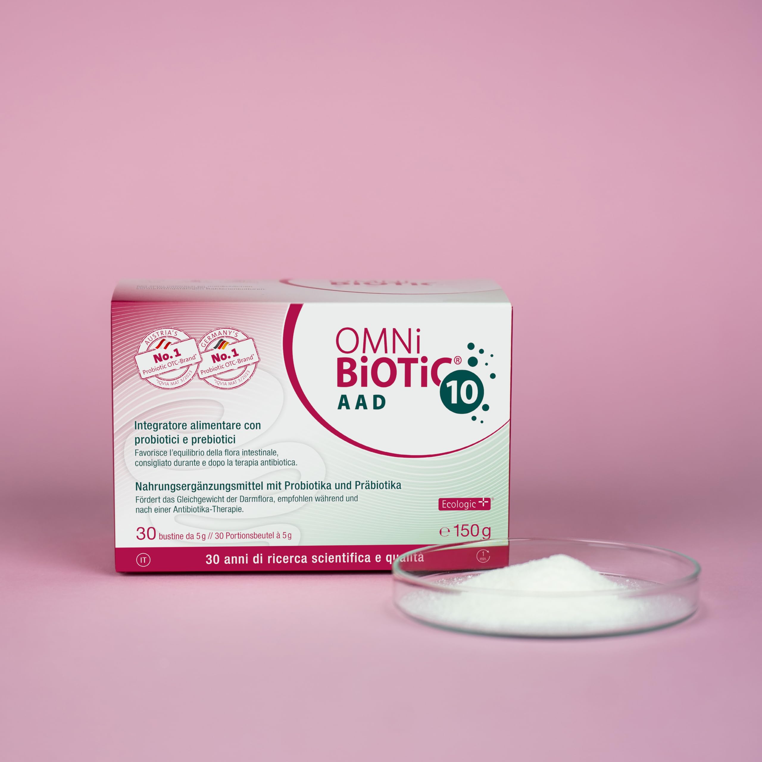 OMNi BiOTiC 10 AAD | 30 Beutel á 5g | empfohlen während und nach der Antibiotikatherapie | Für das Gleichgewicht der Darmflora | Pulver | Mit 10 Probiotischen Stämmen | VEGAN | GVO-frei |