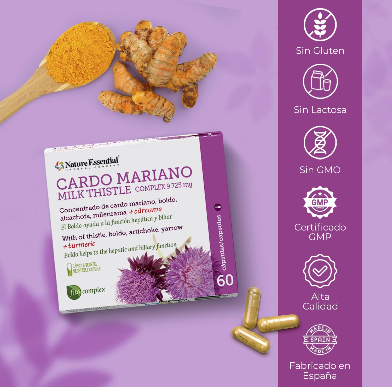 Cardo Mariano, 60 Capsule - Concentrato di Cardo Mariano, Boldo, Carciofo, Achillea, Curcuma - Integratore Naturale - Nature Essential