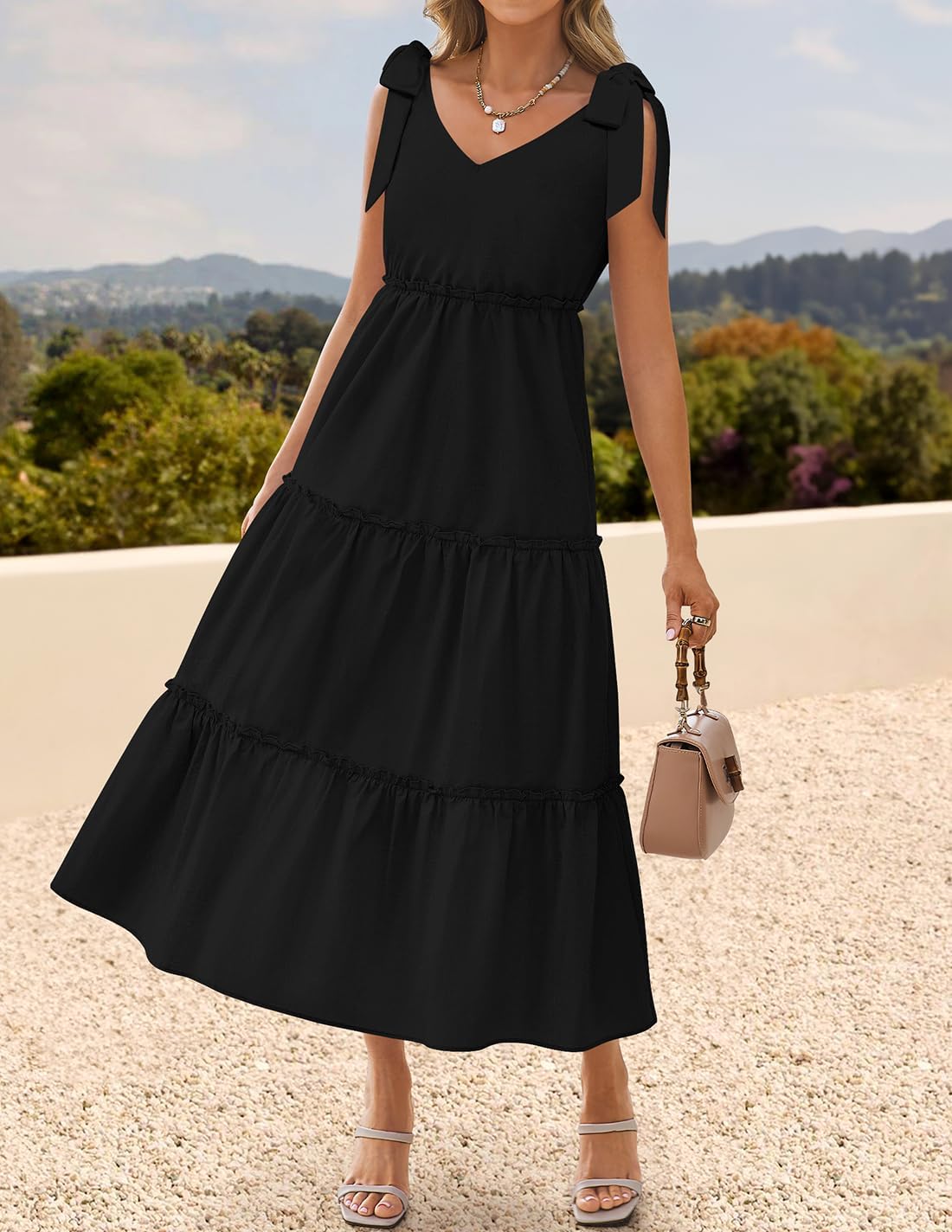 ZESICA Women's 2026 Summer Boho Sleeveless Midi Dresses Casual V Neck Spaghetti Strap Flowy A Line Tiered Beach Long Sundress - Image 9