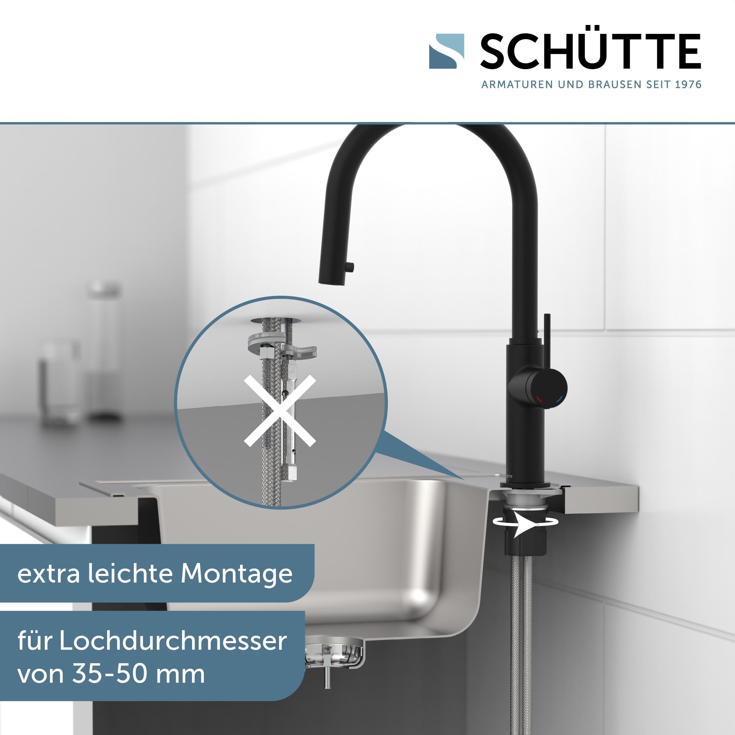 SCHÜTTE 79566 Blackpool Küchenarmatur mit ausziehbarer Geschirrbrause, 360 Grad Wasserhahn für die Küche, Mischbatterie mit Einhebelmischer, Spültischarmatur mit Brause ausziehbar in Schwarz