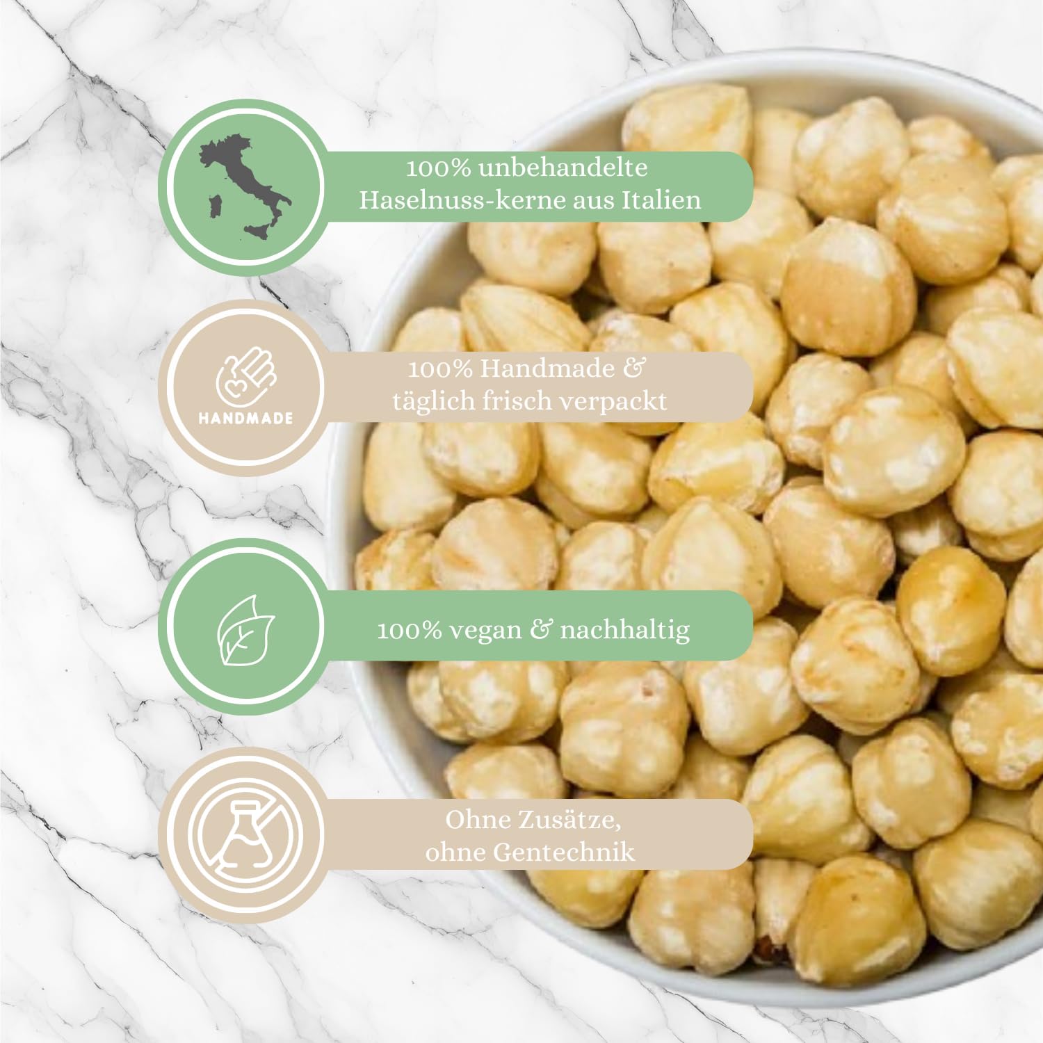 1001 Frucht - Haselnusskerne blanchiert 1000 g naturbelassen, Neue Ernte 2025, Unbehandelte gesunde Nüsse aus Italien - ganze Haselnüsse ohne Schale gentechnikfrei, Aromatische blanchierte Haselnuss
