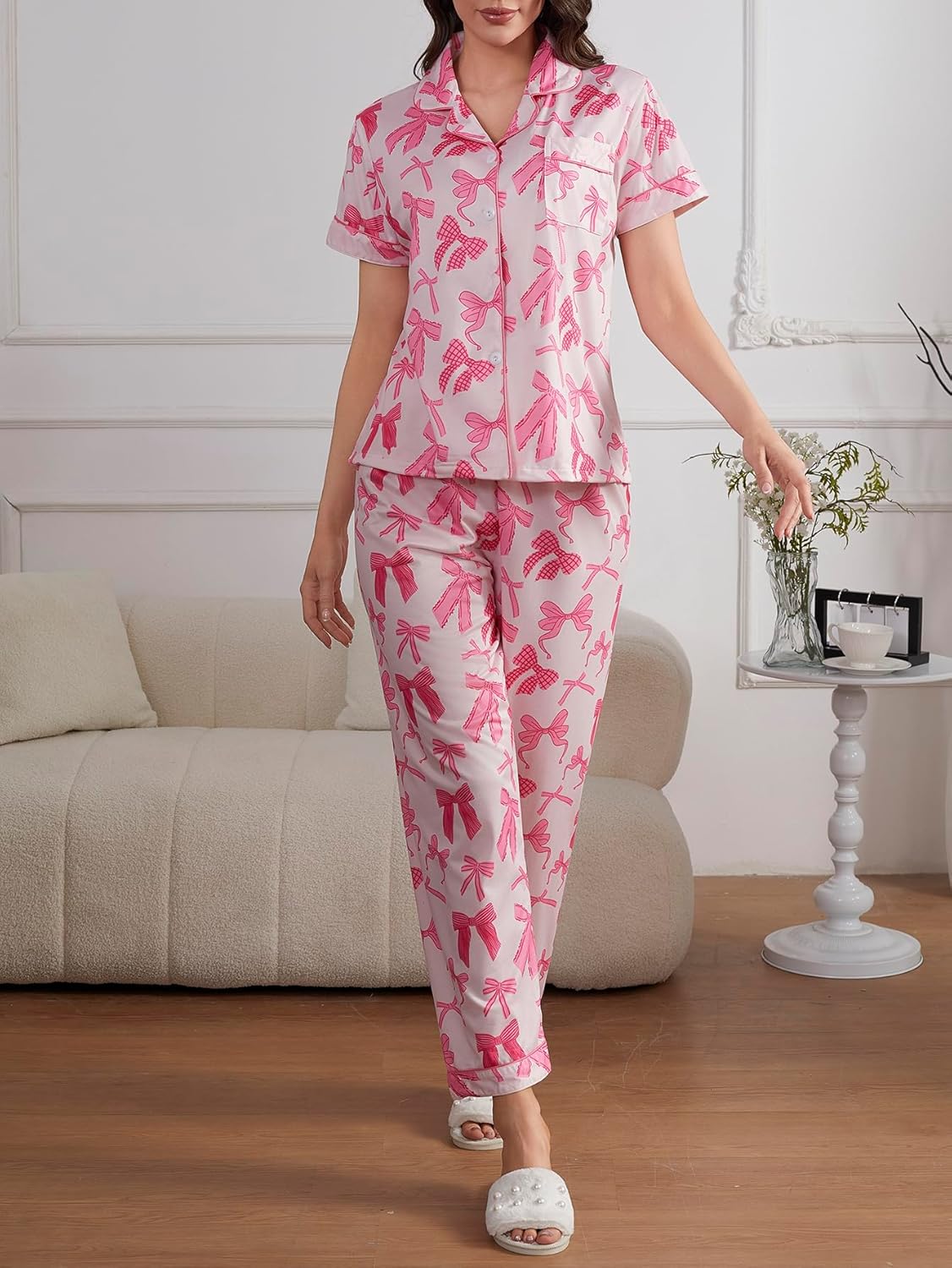 MakeMeChic Women's 2 Piece Pajama Set Cute Bow Short Sleeve Button Down Shirt and Pants Loungewear - Image 5