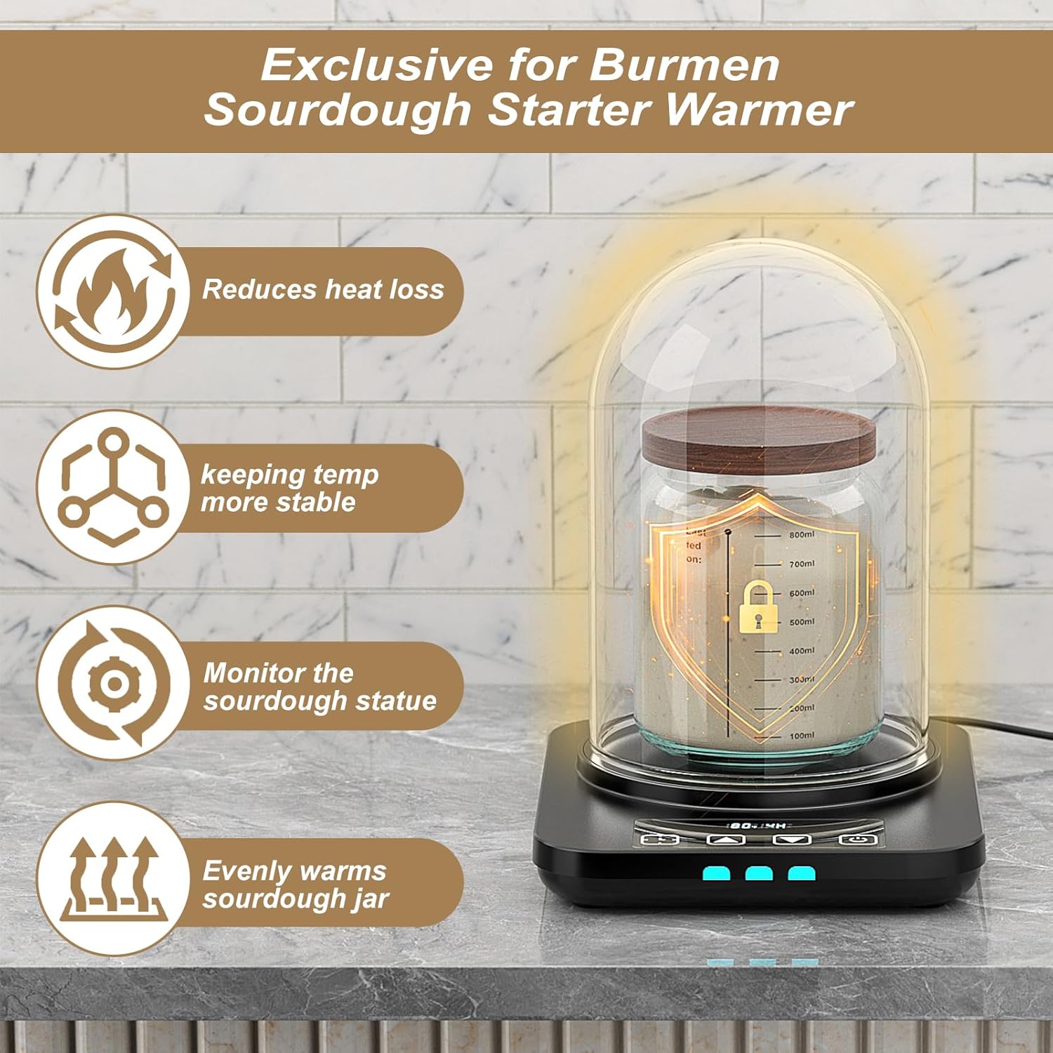 Large Glass Dome for MENGBEI Sourdough Starter Warmer, Warming Heating Pad Cover Sour Dough Starter Fits Jars 24oz 34oz 40oz (7.87" * 5.12") - Image 4