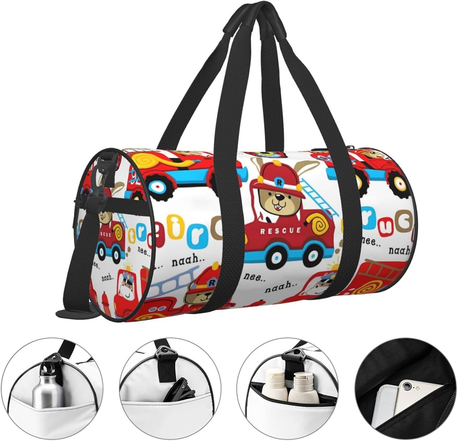 男女兼用 大容量 ボストンバッグ かわいい漫画 トートバッグ 筒型 スポーツ フィットネスバッグ 動物柄 車 救急車 消防車 赤 ビ
