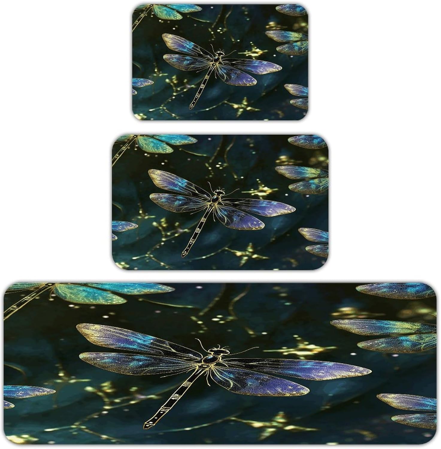 Dragonfly Kitchen Mats Soft Absorbent Rugs for Floor Non Slip Washable Kitchen Mats Fashion Rectangular Rugs for Three-Piece Set for Laundry Office Home Sink