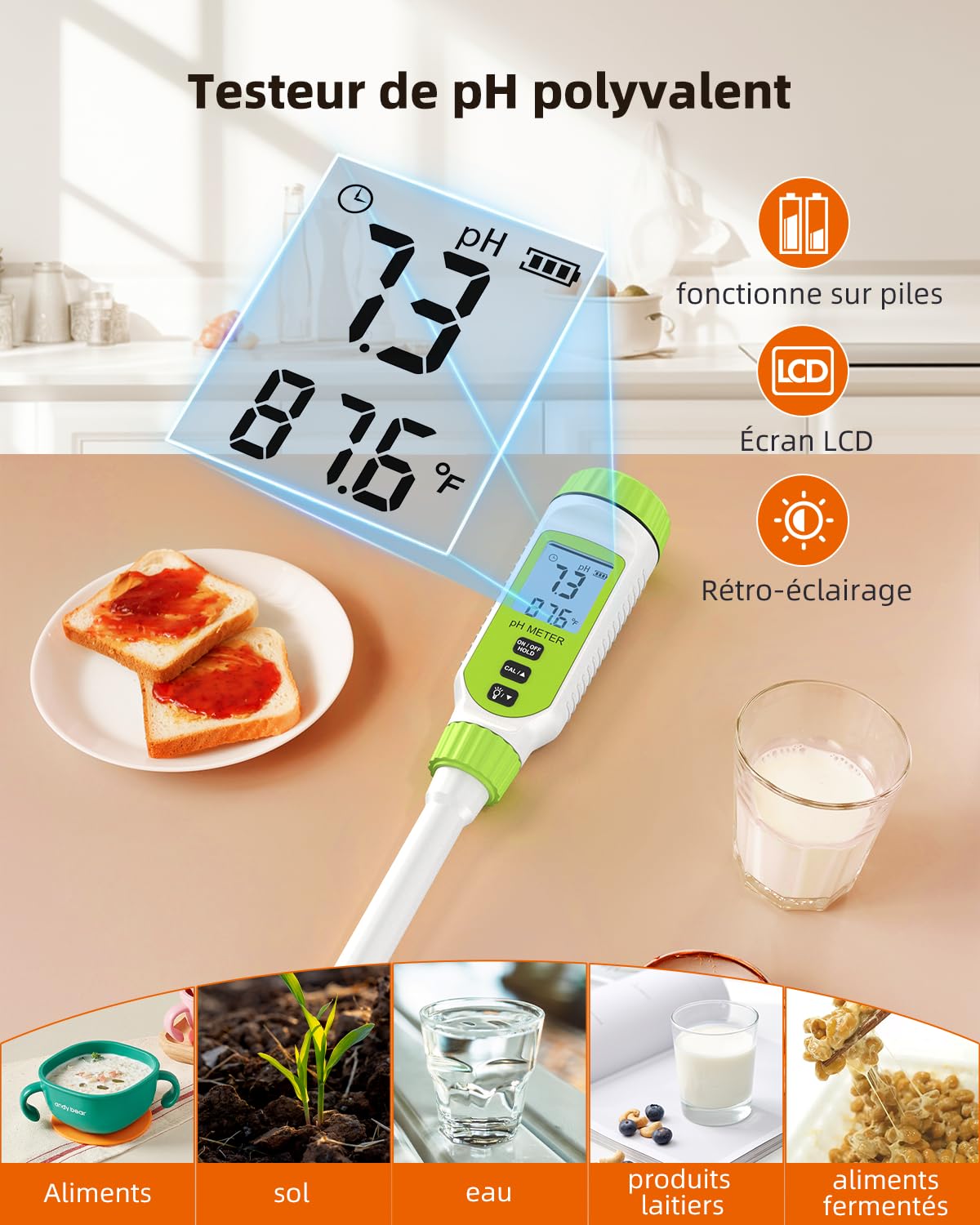pH-mètre alimentaire numérique multifonctionnel, kit de test de pH de sol de jardin de haute précision avec affichage LCD °C/°F pour les tests de pH des plantes, de l'eau et des aliments. (Vert)