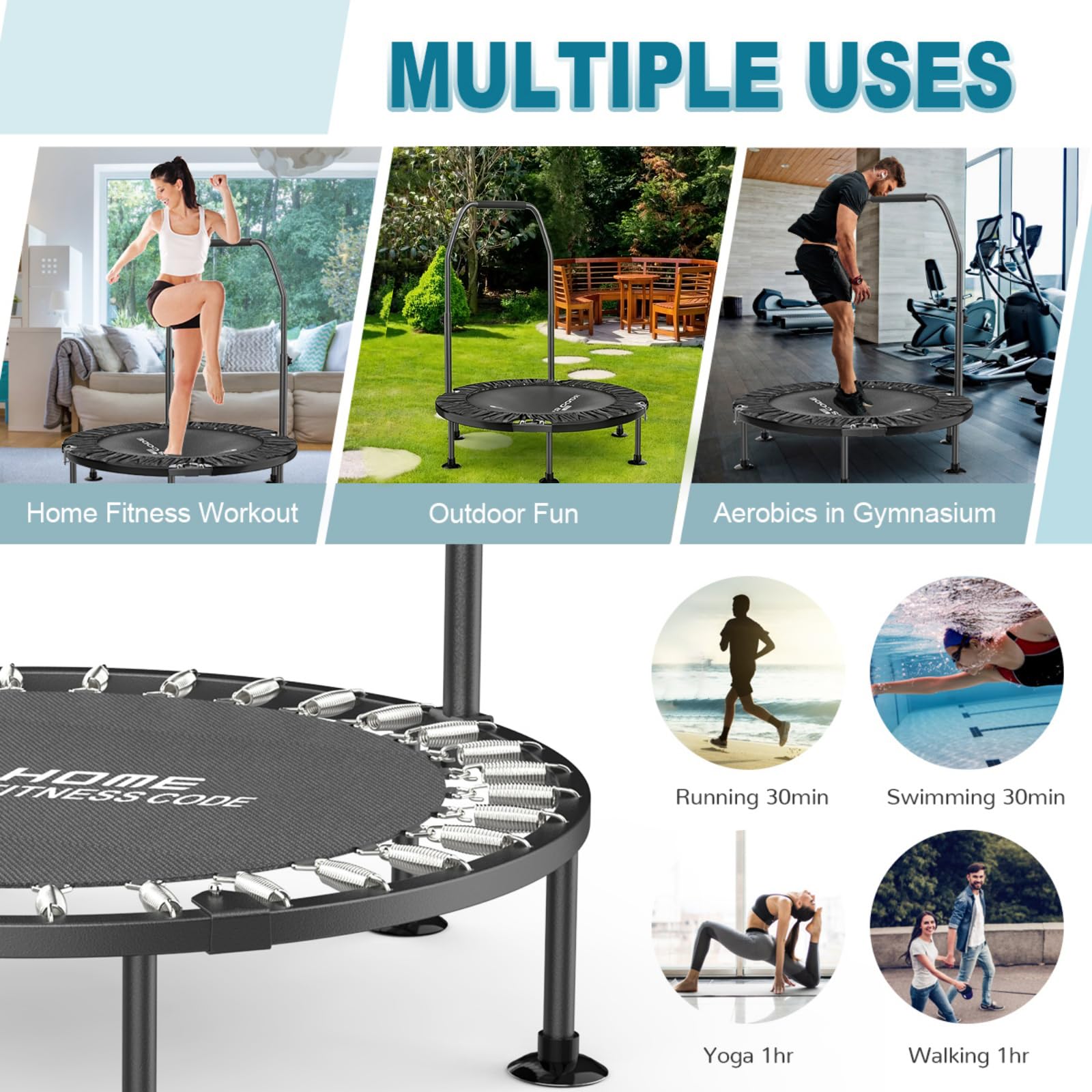 Mini trampoline de fitness pliable de 101,6 cm pour adultes et enfants – Capacité de 150 kg, poignée et pieds antidérapants, 32 ressorts en acier, pour exercices d'intérieur/extérieur