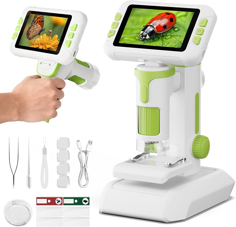 1600X Microscope for Kids, 1080P 4.0" Digital Screen Kids Microscopes with Slides Kit, Educational Science Toys for Christmas Birthday Gifts for 3-14 Year Old Children Students