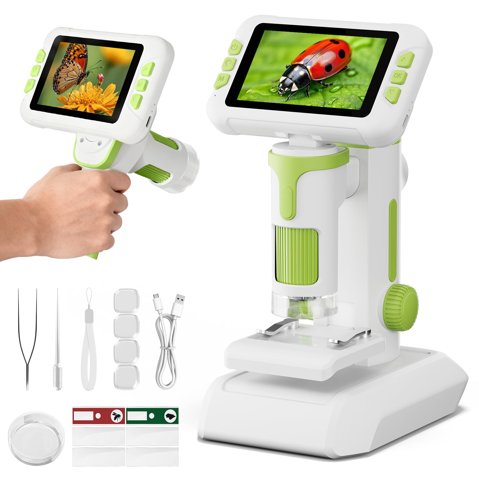 HEWEIMEI 1600X Mikroskop für Kinder, 4K 4,0" IPS-Bildschirm Kinder Mikroskop mit Foto-und Videoaufnahme, Wissenschaftliche Experimente Set Jungen Mädchen 3-14 Jahren (grün)